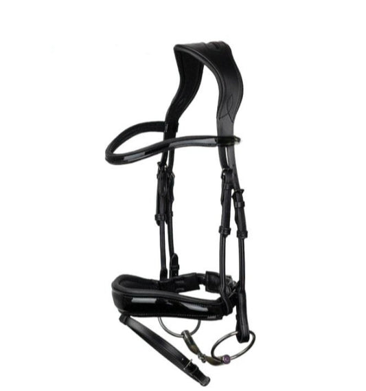 Anatomical Black Leather Bridle with Padded Crown & Noseband – Bitless Friendly Design